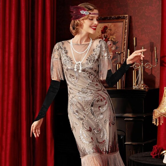 1920s Flapper Accessories Set Pearl Necklace Gloves Feather Headband - Picture 3 of 7